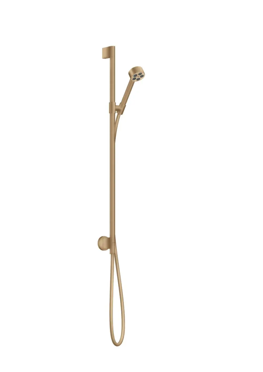 Brauseset von AXOR in brushed bronze, bestehend aus einer senkrechten Halterung mit Handbrause und Wandanschluss. Design für individuelle Duschlösungen.